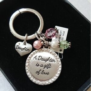 Silvertone “A daughter is a gift of love” keychain heart and bead dangles